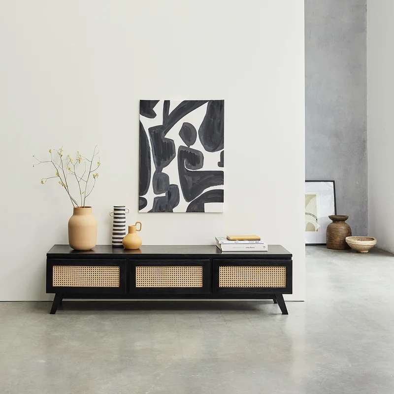 Mueble de TV de mindi macizo y rejilla negro 160 cm