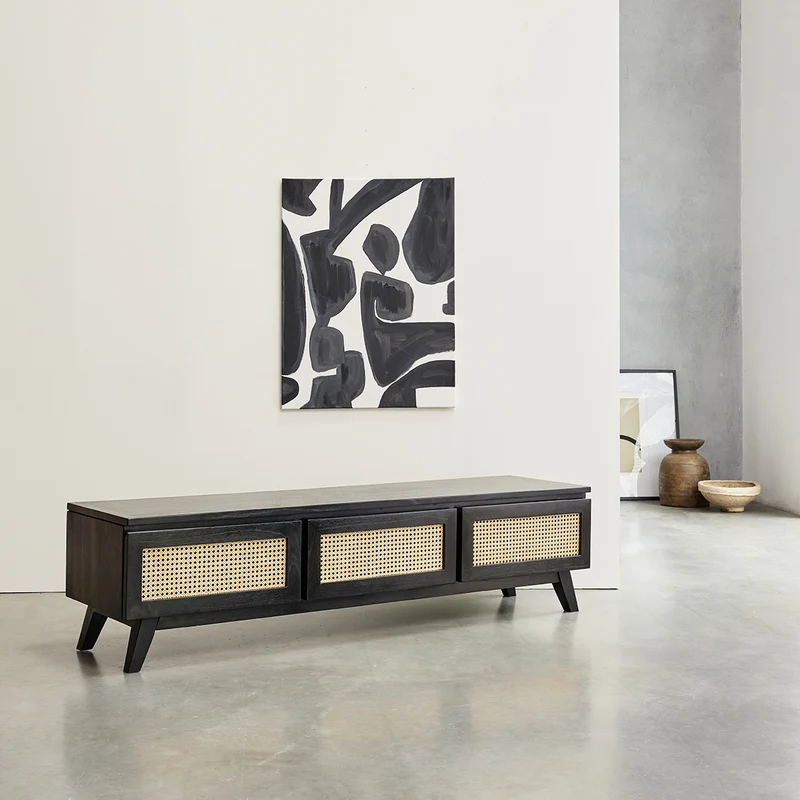 Mueble de TV de mindi macizo y rejilla negro 160 cm