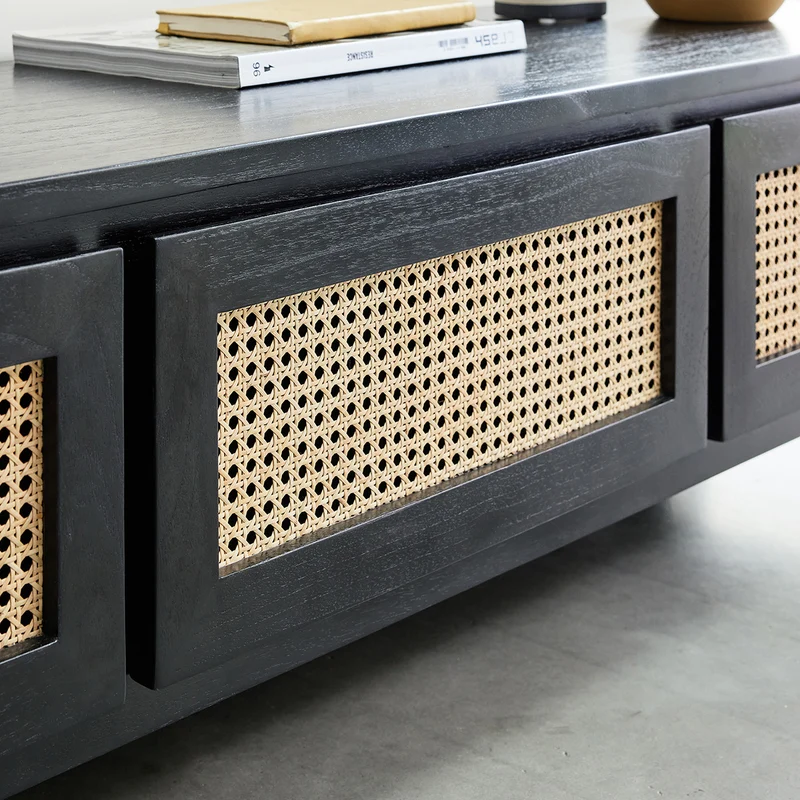 Mueble de TV de mindi macizo y rejilla negro 160 cm