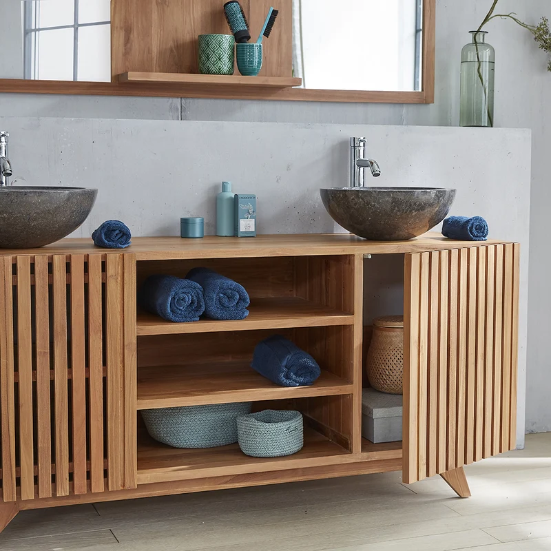 Mueble de lavabo de teca maciza 160 cm con listones