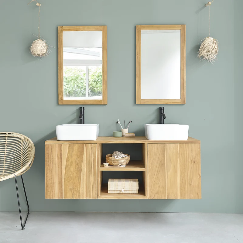 Mueble de lavabo de teca maciza suspendido 135 cm
