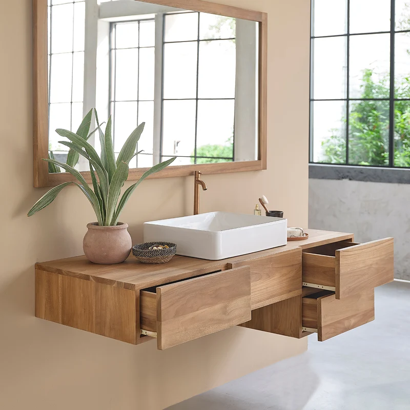 Mueble de lavabo de teca maciza suspendido 145 cm