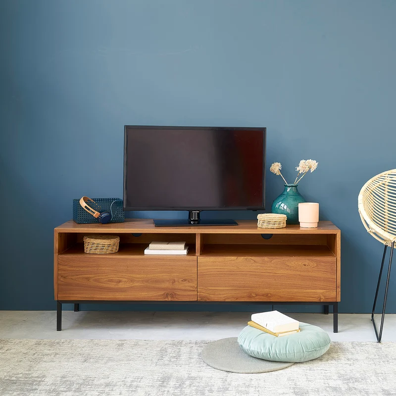 Mueble de TV de teca maciza y metal 140 cm