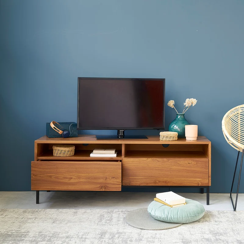 Mueble de TV de teca maciza y metal 140 cm