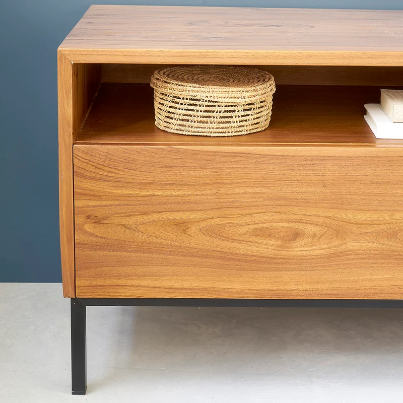 Mueble de TV de teca maciza y metal 140 cm