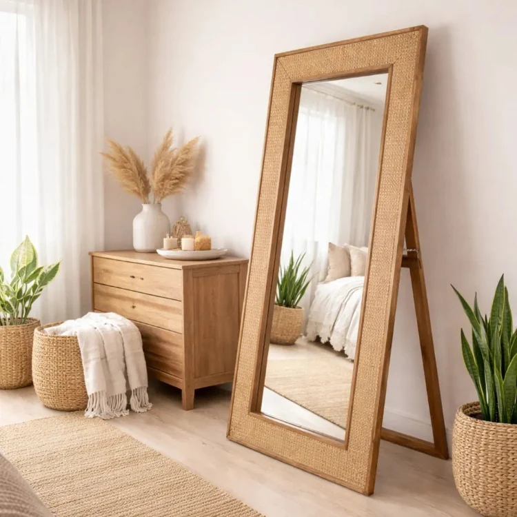 Espejo de pie de madera de mango y ratán natural 182×90 cm