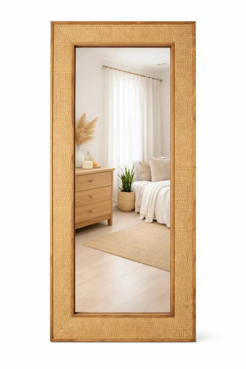 Espejo de pie de madera de mango y ratán natural 182×90 cm