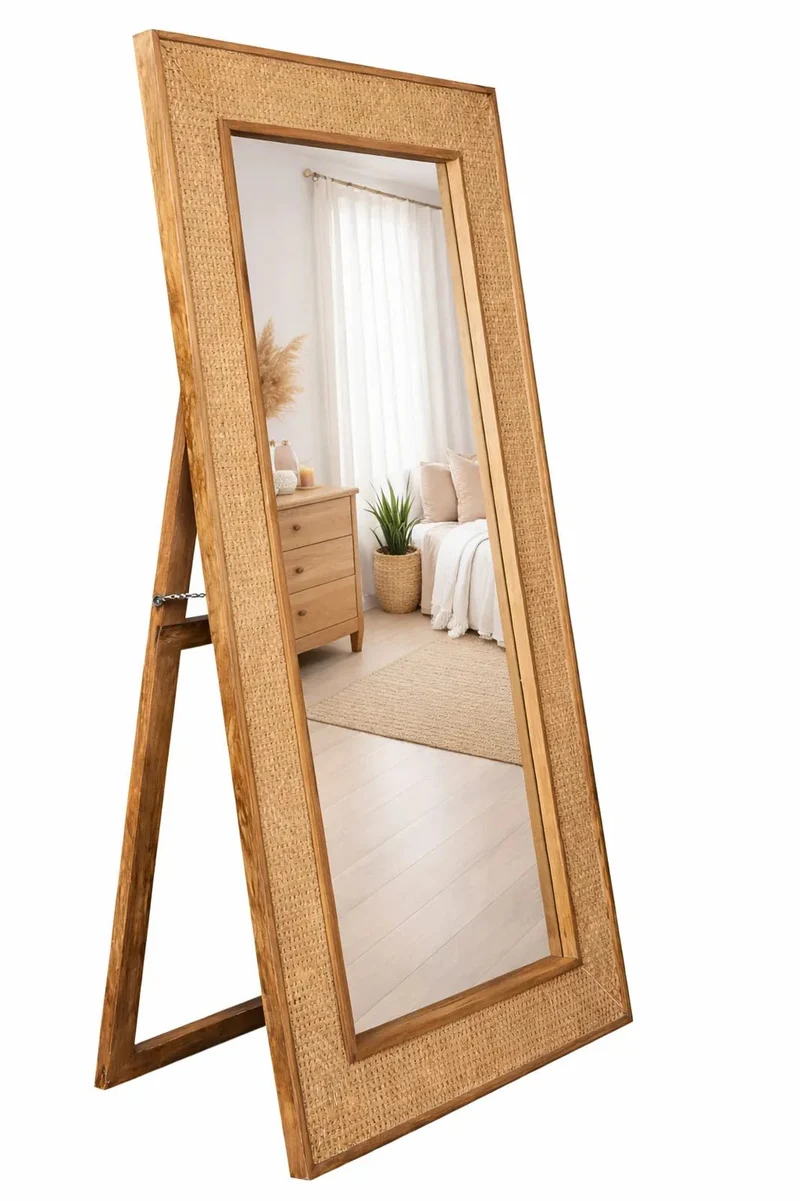 Espejo de pie de madera de mango y ratán natural 182×90 cm