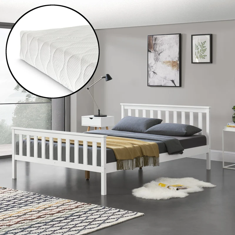 Cama de madera Hellnar con colchón de espuma fría en varios colores y tamaños [en.casa]