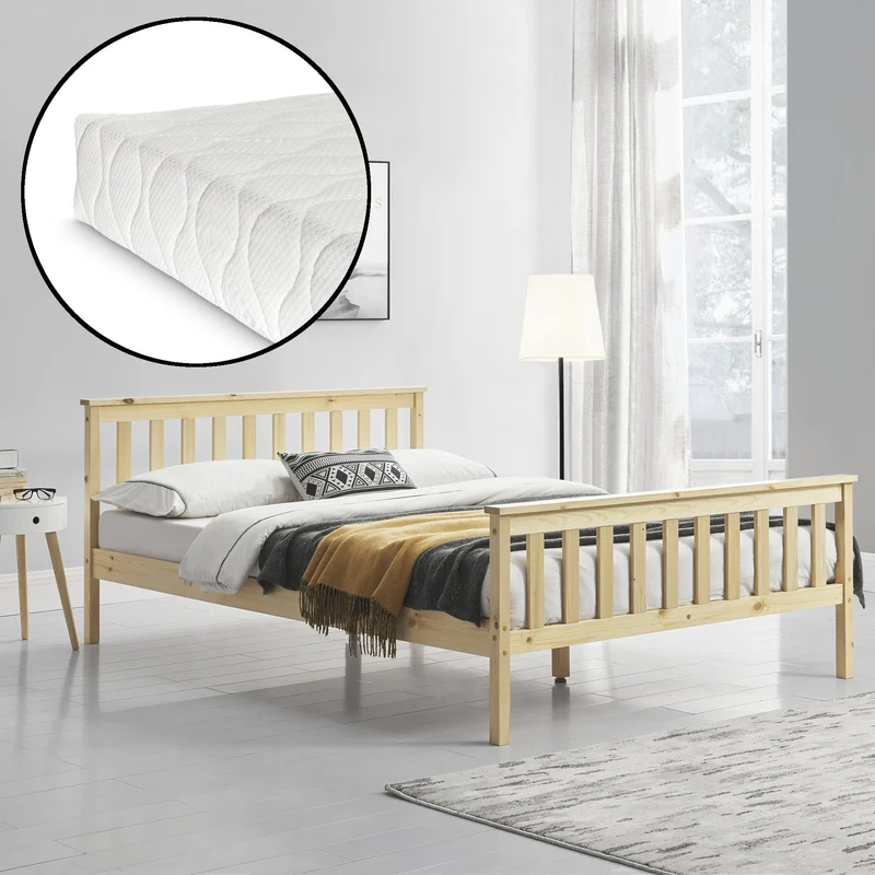 Cama de madera Hellnar con colchón de espuma fría en varios colores y tamaños [en.casa]