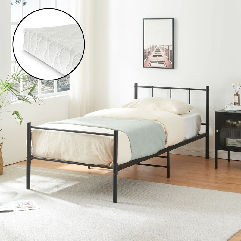 Cama de metal con colchón de espuma fría Laos negro [en.casa]