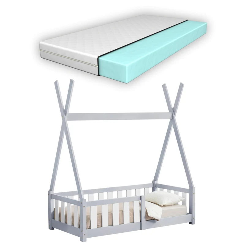 Cama infantil Helsingborg con reja de seguridad y colchón - Estructura tipi - pino 140x70 cm - Verde menta/Color Rosa/Gris claro Mate [en.casa]