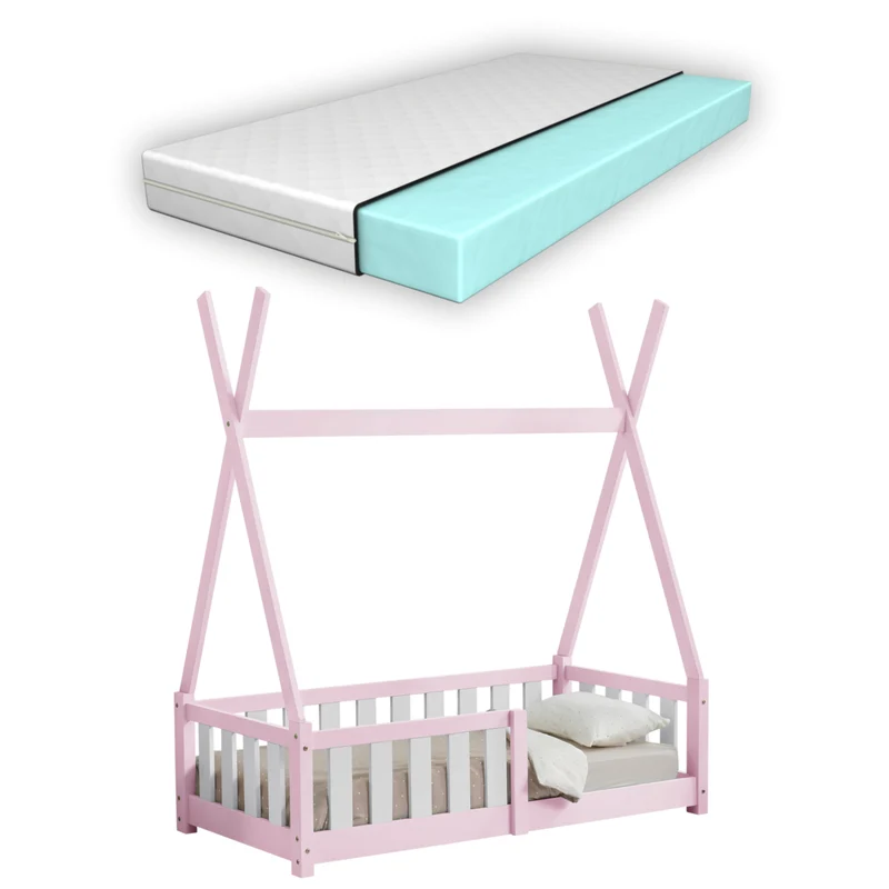 Cama infantil Helsingborg con reja de seguridad y colchón - Estructura tipi - pino 140x70 cm - Verde menta/Color Rosa/Gris claro Mate [en.casa]
