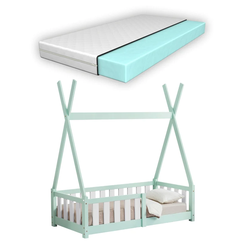 Cama infantil Helsingborg con reja de seguridad y colchón - Estructura tipi - pino 140x70 cm - Verde menta/Color Rosa/Gris claro Mate [en.casa]