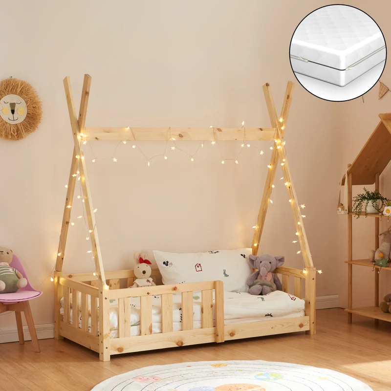Cama infantil Helsingborg con reja de seguridad y colchón - Estructura tipi - pino 140x70 cm - Verde menta/Color Rosa/Gris claro Mate [en.casa]