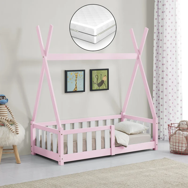 Cama infantil Helsingborg con reja de seguridad y colchón - Estructura tipi - pino 140x70 cm - Verde menta/Color Rosa/Gris claro Mate [en.casa]