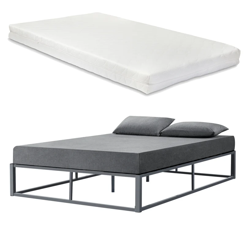 [en.casa]® Cama de Metal con Colchón de espuma fría - 90/140/160/180/200cm x 200cm - Cama Simple o Cama doble - Con listones - Somier Negro/Blanco/Gris oscuro - Oeko-Tex 100