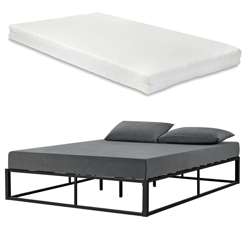 [en.casa]® Cama de Metal con Colchón de espuma fría - 90/140/160/180/200cm x 200cm - Cama Simple o Cama doble - Con listones - Somier Negro/Blanco/Gris oscuro - Oeko-Tex 100