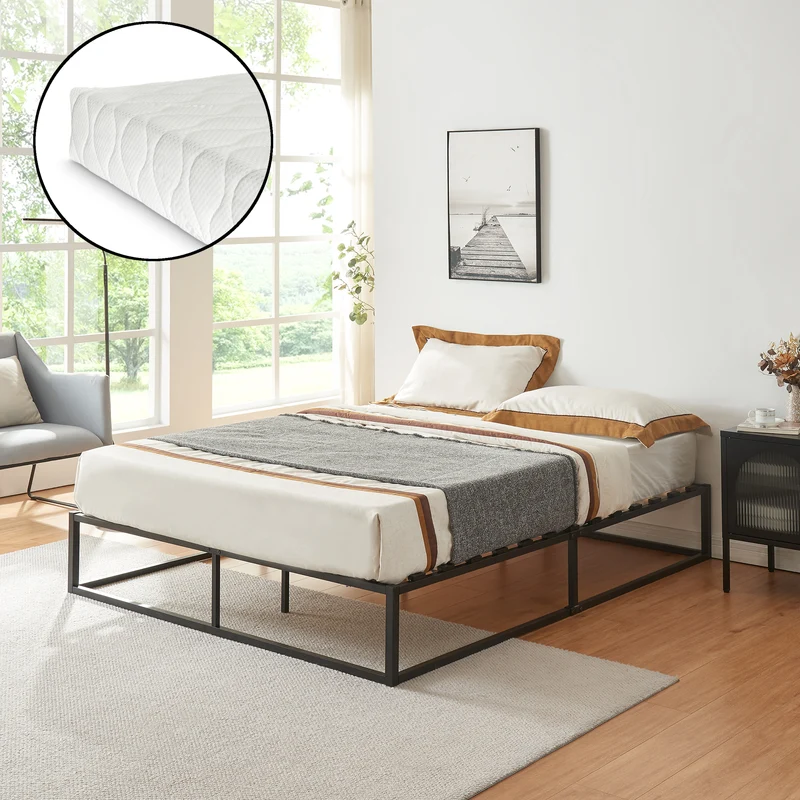 [en.casa]® Cama de Metal con Colchón de espuma fría - 90/140/160/180/200cm x 200cm - Cama Simple o Cama doble - Con listones - Somier Negro/Blanco/Gris oscuro - Oeko-Tex 100