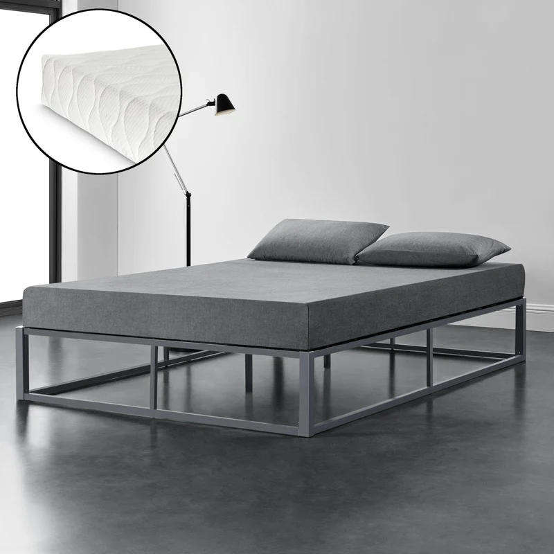 [en.casa]® Cama de Metal con Colchón de espuma fría - 90/140/160/180/200cm x 200cm - Cama Simple o Cama doble - Con listones - Somier Negro/Blanco/Gris oscuro - Oeko-Tex 100