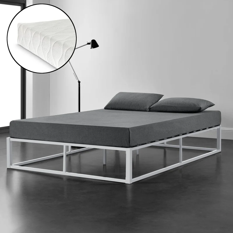[en.casa]® Cama de Metal con Colchón de espuma fría - 90/140/160/180/200cm x 200cm - Cama Simple o Cama doble - Con listones - Somier Negro/Blanco/Gris oscuro - Oeko-Tex 100