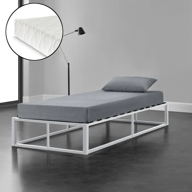 [en.casa]® Cama de Metal con Colchón de espuma fría - 90/140/160/180/200cm x 200cm - Cama Simple o Cama doble - Con listones - Somier Negro/Blanco/Gris oscuro - Oeko-Tex 100