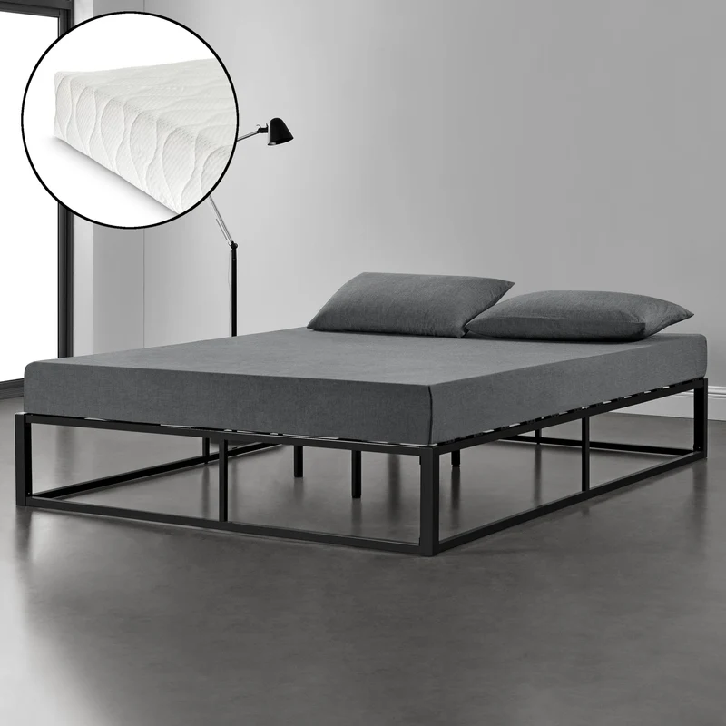 [en.casa]® Cama de Metal con Colchón de espuma fría - 90/140/160/180/200cm x 200cm - Cama Simple o Cama doble - Con listones - Somier Negro/Blanco/Gris oscuro - Oeko-Tex 100