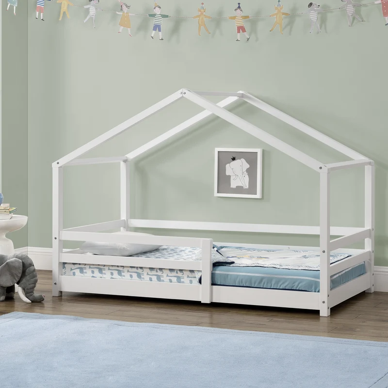 Cama infantil Knätten en forma de casa pino con reja [en.casa]