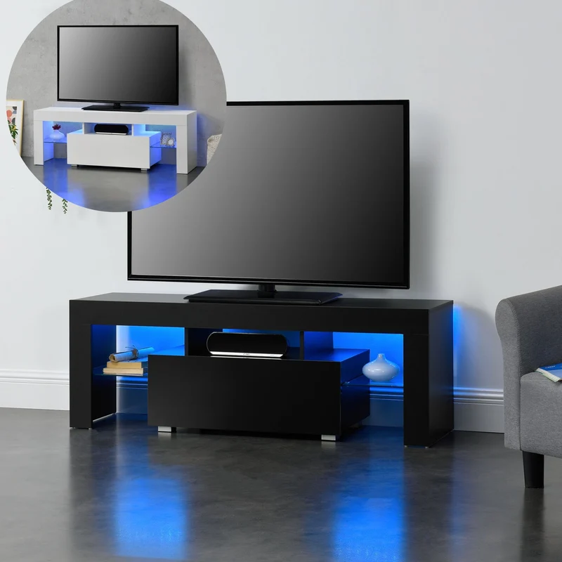 Mesa para televisor LED Grimsey 130x35x45 cm con cajón y estante de vidrio Blanco/Negro en.casa