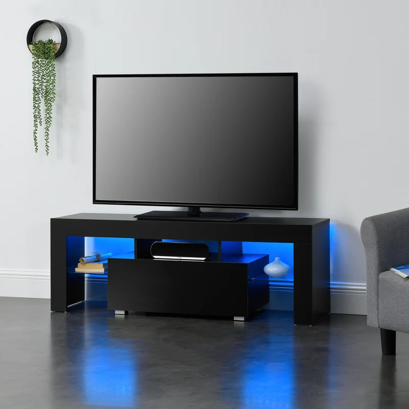 Mesa para televisor LED Grimsey 130x35x45 cm con cajón y estante de vidrio Blanco/Negro en.casa