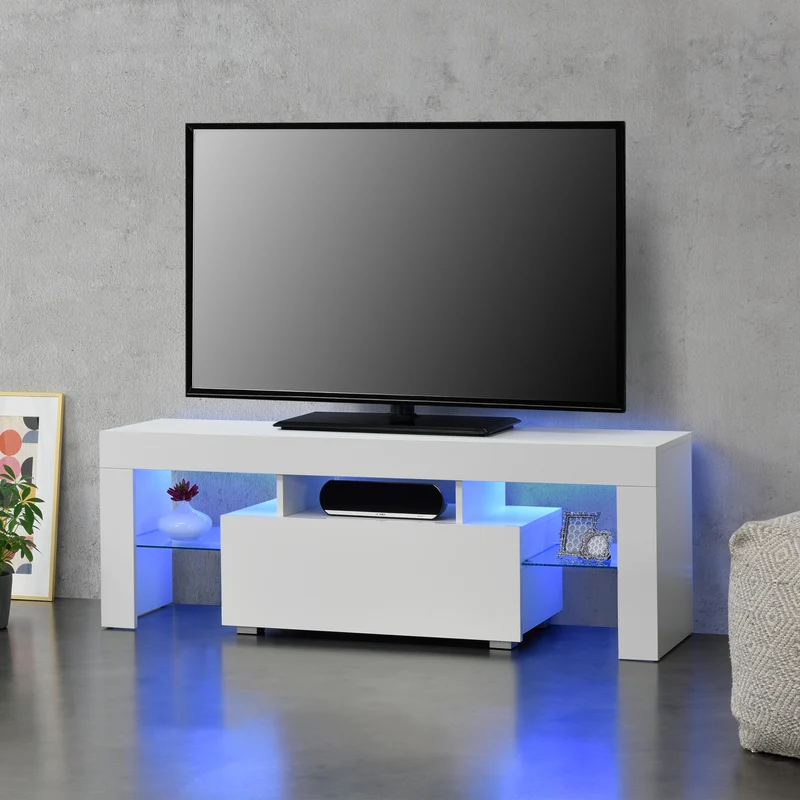 Mesa para televisor LED Grimsey 130x35x45 cm con cajón y estante de vidrio Blanco/Negro en.casa