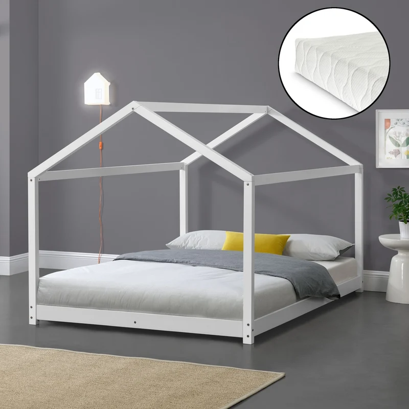 Cama para niños Cerro en forma de casa con colchón pino - Blanco [en.casa]