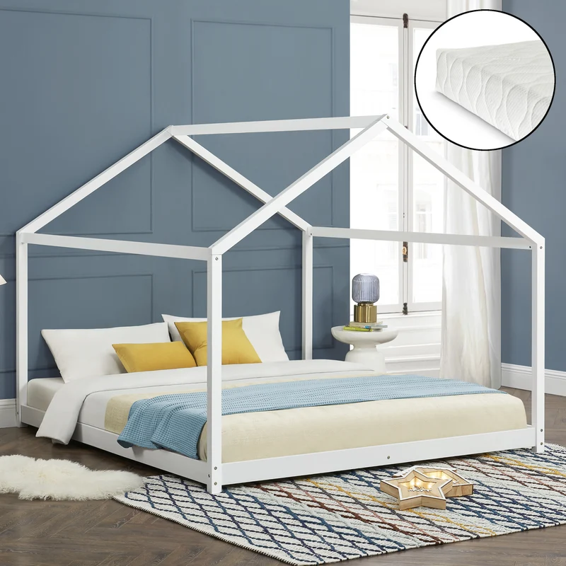 Cama para niños Cerro en forma de casa con colchón pino - Blanco [en.casa]