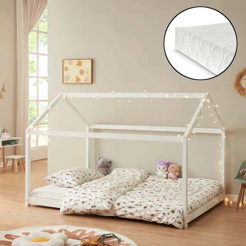 Cama para niños Cerro en forma de casa con colchón pino - Blanco [en.casa]