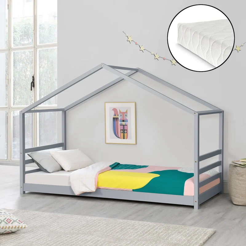 Cama para niños Vardø con colchón y somier - Forma de casa - pino - En Diferentes medidas y colores [en.casa]