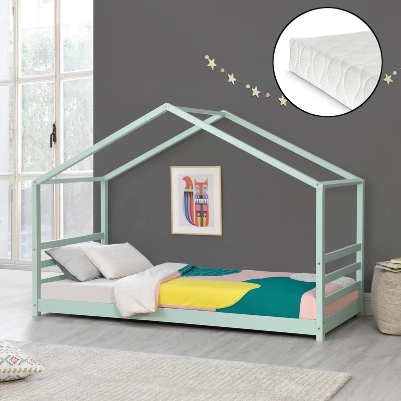 Cama para niños Vardø con colchón y somier - Forma de casa - pino - En Diferentes medidas y colores [en.casa]