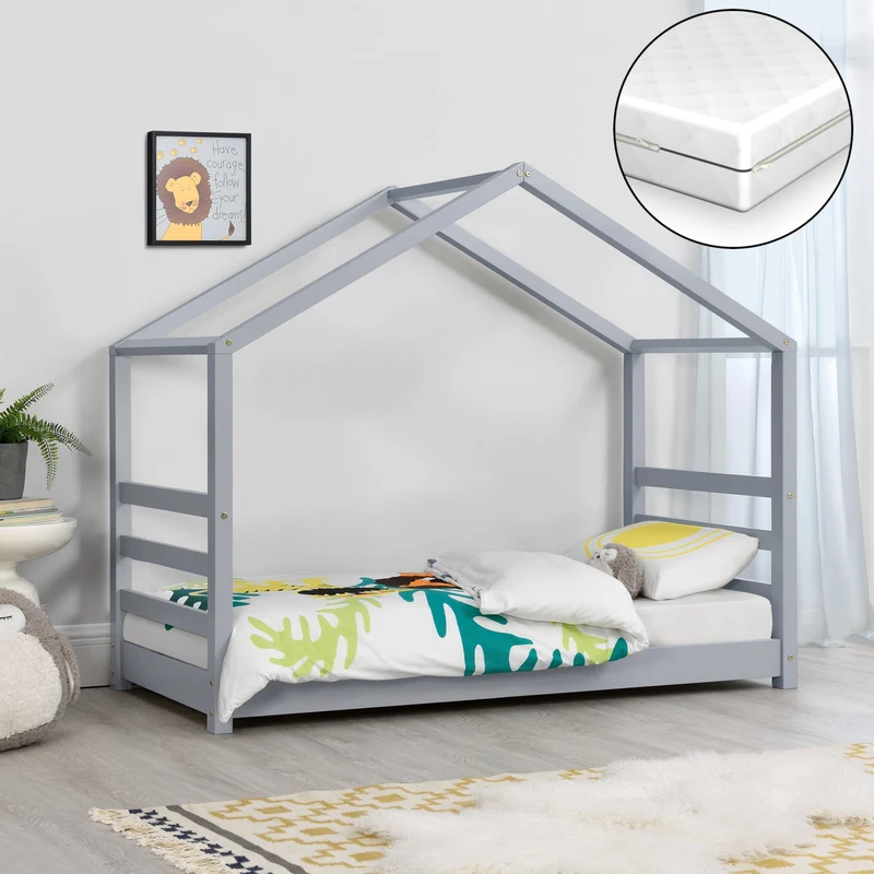 Cama para niños Vardø con colchón y somier - Forma de casa - pino - En Diferentes medidas y colores [en.casa]