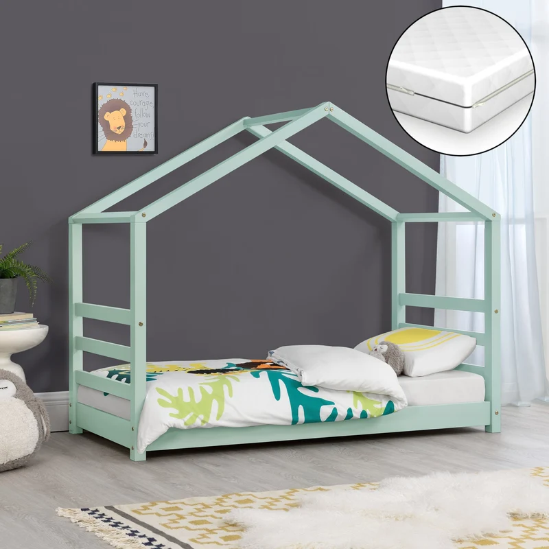 Cama para niños Vardø con colchón y somier - Forma de casa - pino - En Diferentes medidas y colores [en.casa]