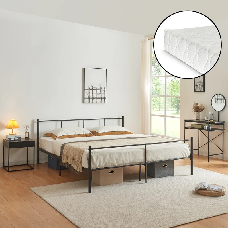 Cama de metal Laos con colchón negro [en.casa]