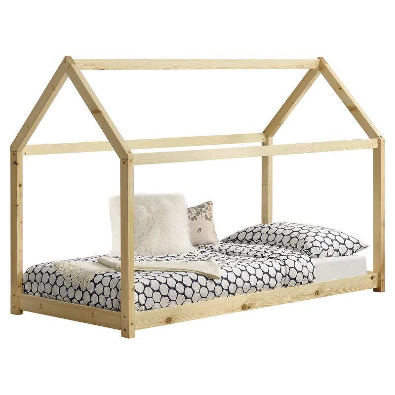 Cama infantil Netstal de madera pino Forma de casa - 70 x 140cm o 80 x 160cm - Blanco o Pino natural [en.casa]