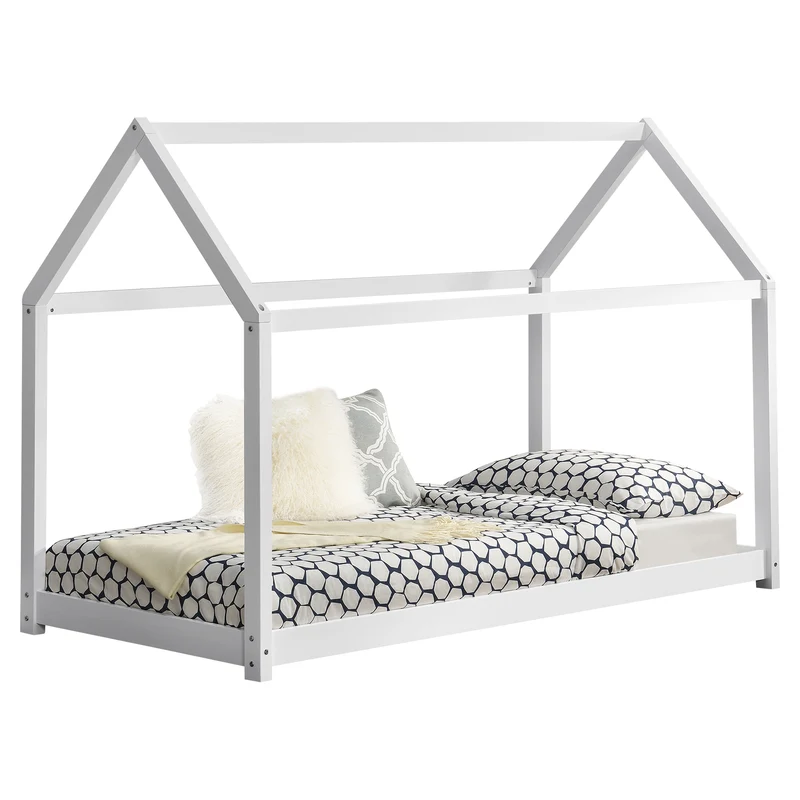 Cama infantil Netstal de madera pino Forma de casa - 70 x 140cm o 80 x 160cm - Blanco o Pino natural [en.casa]