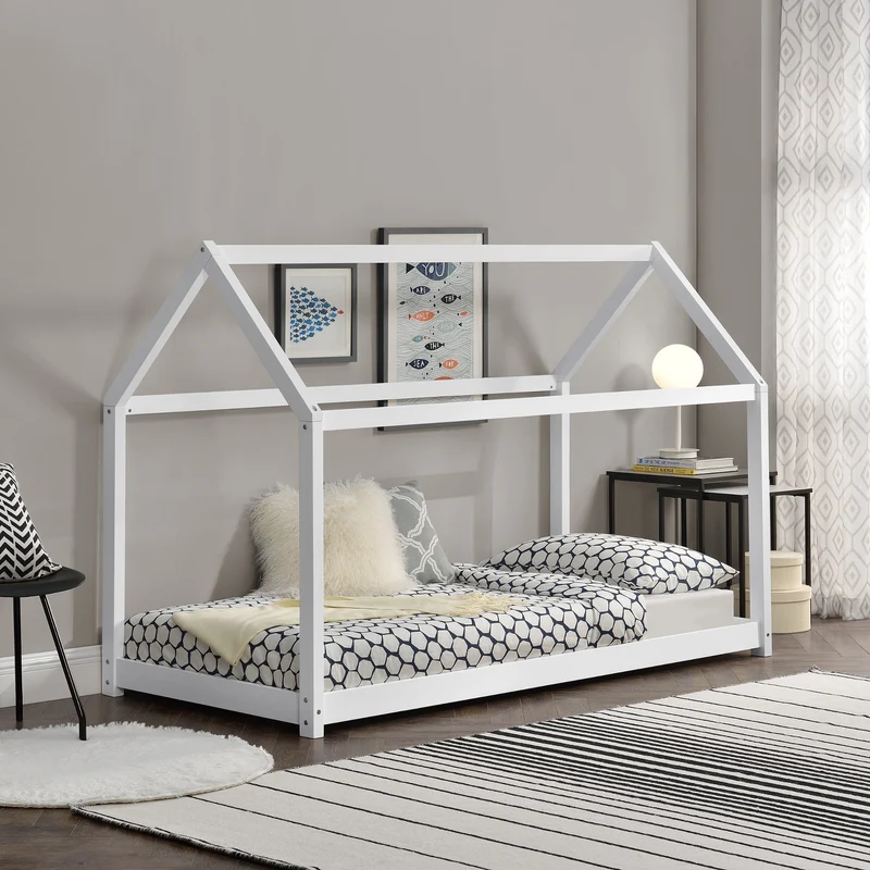 Cama infantil Netstal de madera pino Forma de casa - 70 x 140cm o 80 x 160cm - Blanco o Pino natural [en.casa]