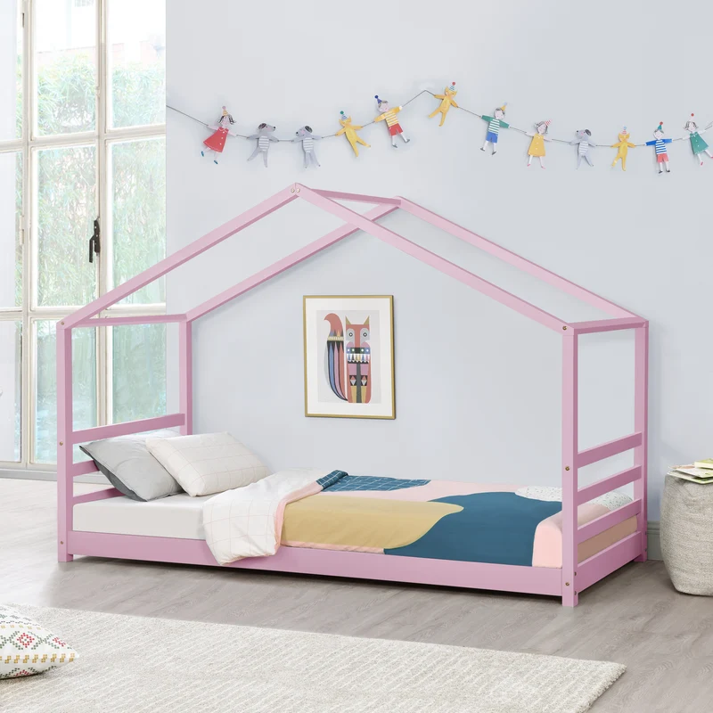 Cama para niños Vardø con somier - Forma de casa - pino 90 x 200 cm - Rosa o Gris oscuro lacado mate [en.casa]