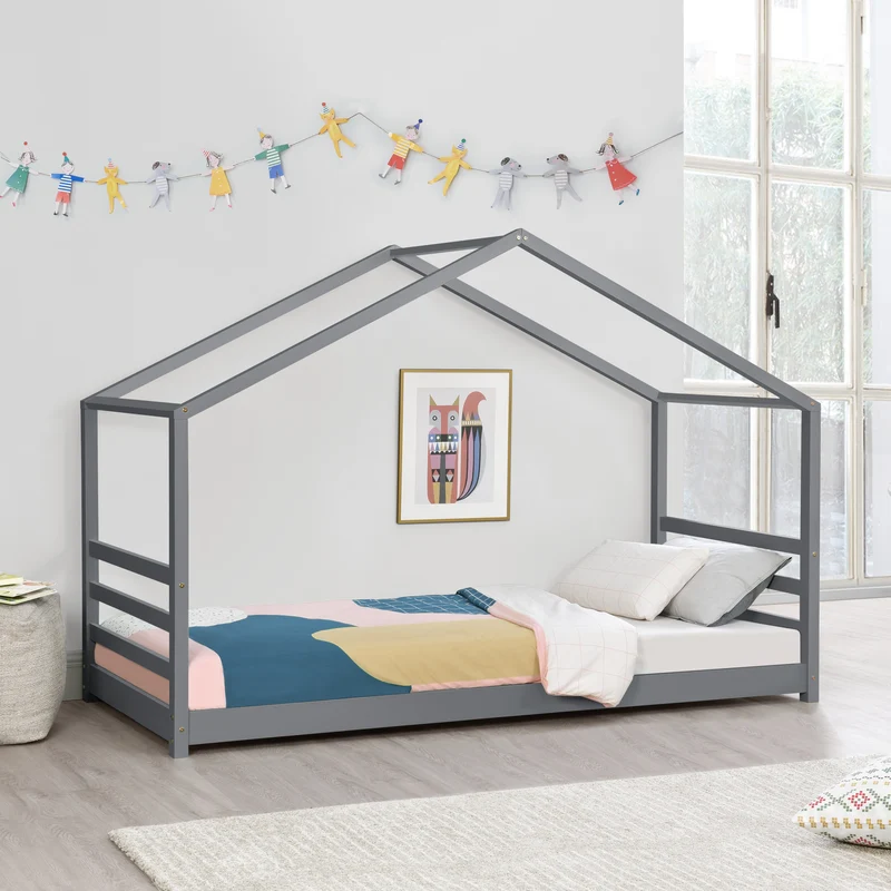 Cama para niños Vardø con somier - Forma de casa - pino 90 x 200 cm - Rosa o Gris oscuro lacado mate [en.casa]