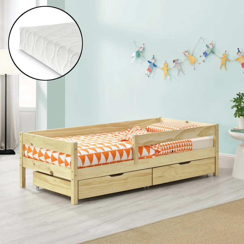 Cama para niños Borgarnes con colchón, 2 cajones, somier y protección contra caídas - pino En diferentes medidas y colores [en.casa]