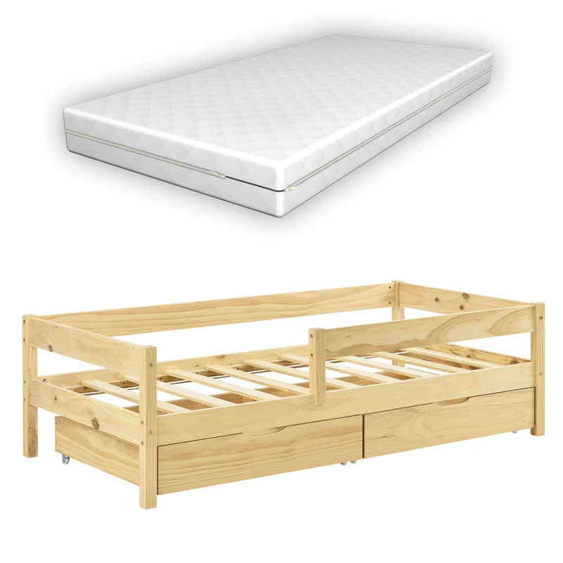 Cama para niños Borgarnes con colchón, 2 cajones, somier y protección contra caídas - pino En diferentes medidas y colores [en.casa]
