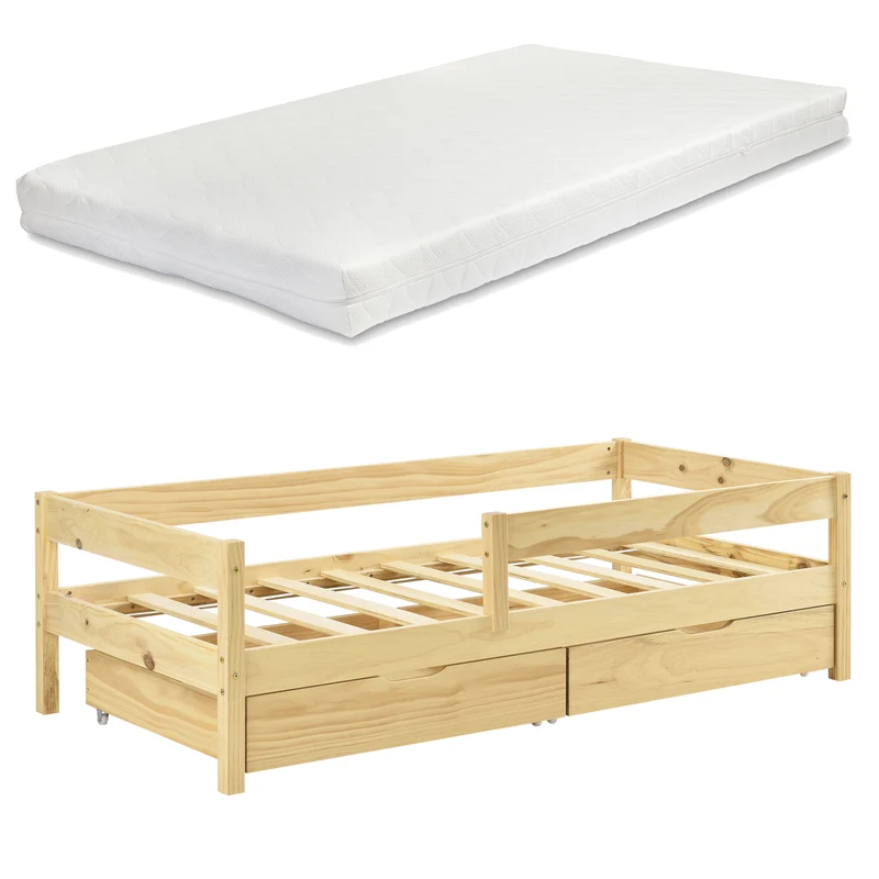 Cama para niños Borgarnes con colchón, 2 cajones, somier y protección contra caídas - pino En diferentes medidas y colores [en.casa]
