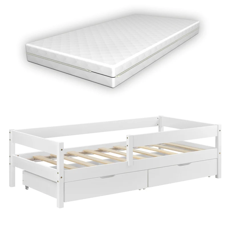 Cama para niños Borgarnes con colchón, 2 cajones, somier y protección contra caídas - pino En diferentes medidas y colores [en.casa]