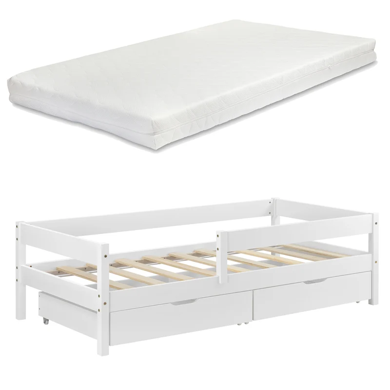 Cama para niños Borgarnes con colchón, 2 cajones, somier y protección contra caídas - pino En diferentes medidas y colores [en.casa]