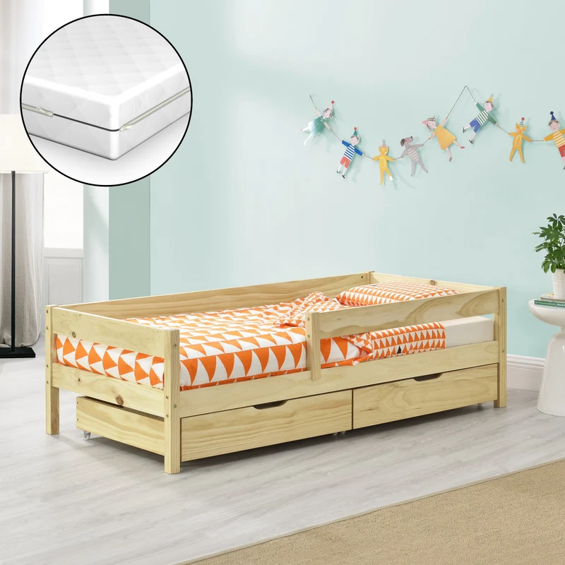 Cama para niños Borgarnes con colchón, 2 cajones, somier y protección contra caídas - pino En diferentes medidas y colores [en.casa]